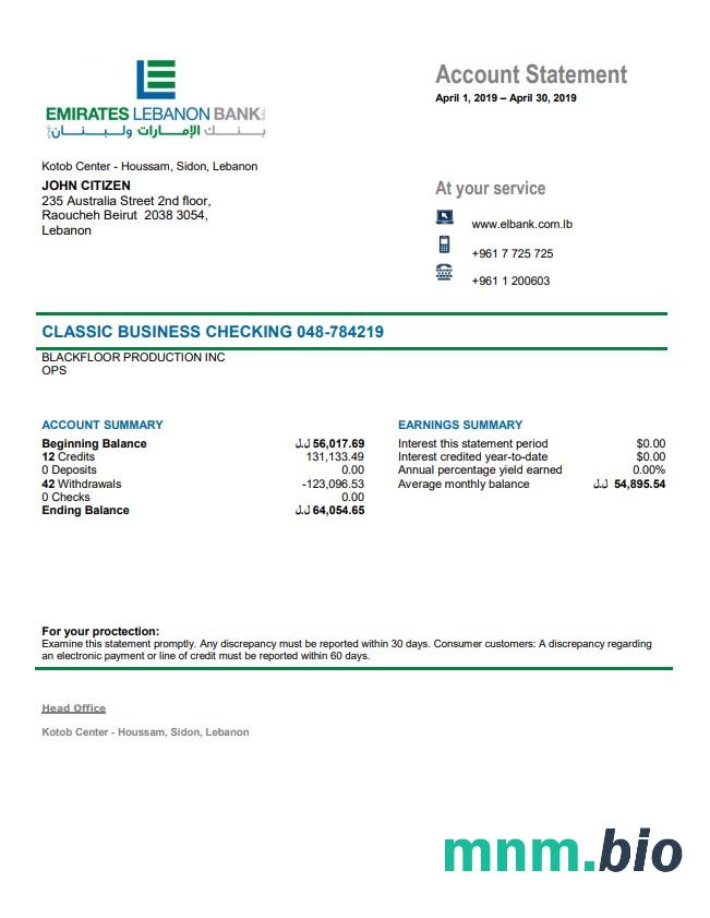 Szablon wyciągu bankowego Liban Emirates Lebanon w formacie Excel i PDF, dobry na dowód adresu